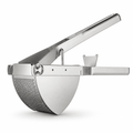 Stainless steel potato ricer with long press handle and perforated bowl