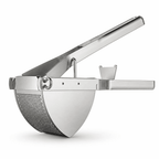 Stainless steel potato ricer with long press handle and perforated bowl