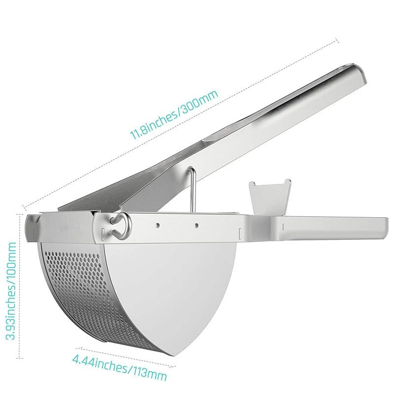 Stainless steel potato ricer with hopper and lever handle, size markings shown