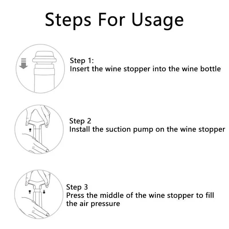 Wine vacuum pump usage diagram with icons showing stopper and suction steps