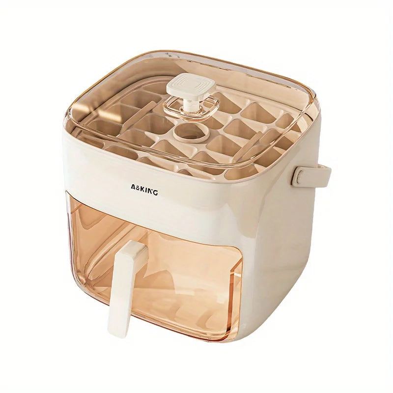 One-press ice cube maker with pull-out drawer, clear lid and beige cube tray
