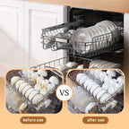Dishwasher baskets before-and-after comparison with cleaner dishes after detergent