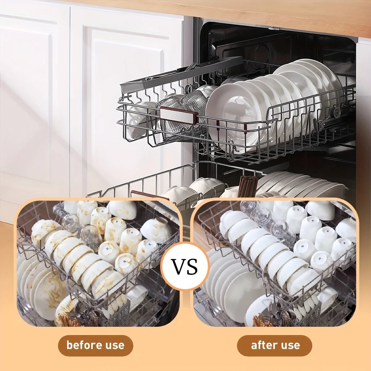 Dishwasher baskets before-and-after comparison with cleaner dishes after detergent