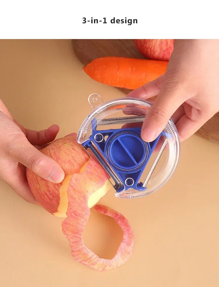 Blue 3-in-1 rotary vegetable peeler with rotating stainless steel blades, peeling carrot