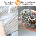 Non-scratch steel wire cleaning cloth, gray-silver texture scrub pad in hand