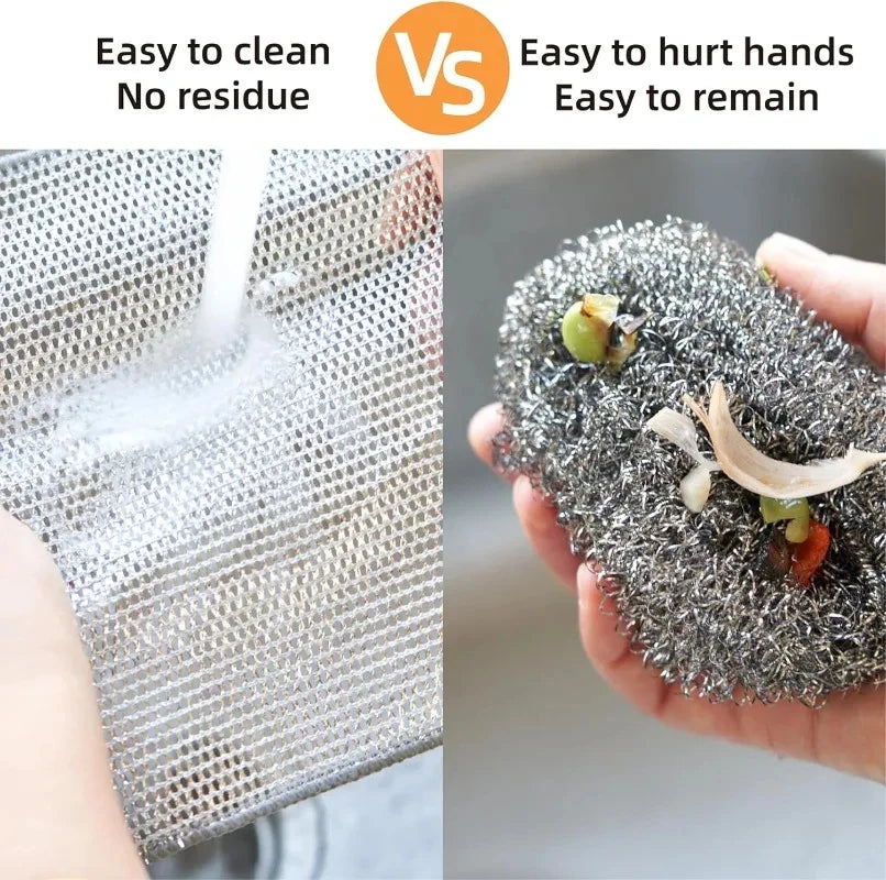 Non-scratch steel wire cleaning cloth, gray-silver texture scrub pad in hand