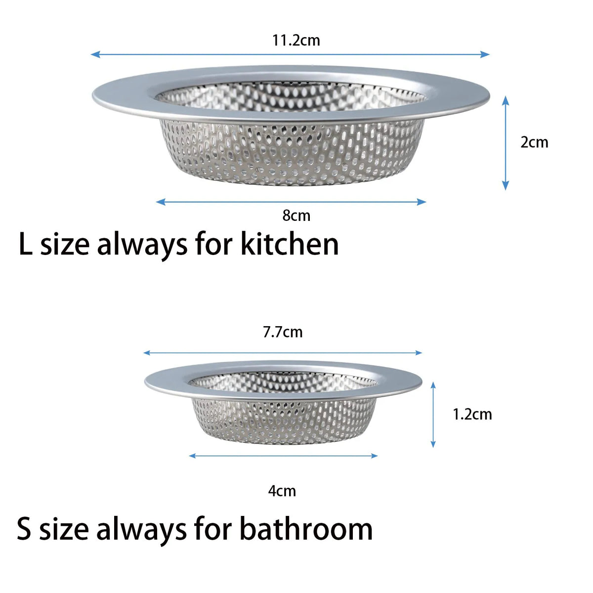 L and S size stainless steel strainer basket dimensions, shown side by side