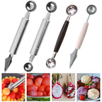 Stainless steel fruit carving tool with dual scoop ends and carving blade, assorted handles