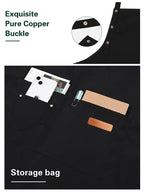 Black chef apron with copper buckle detail, snap buttons, and front storage pocket