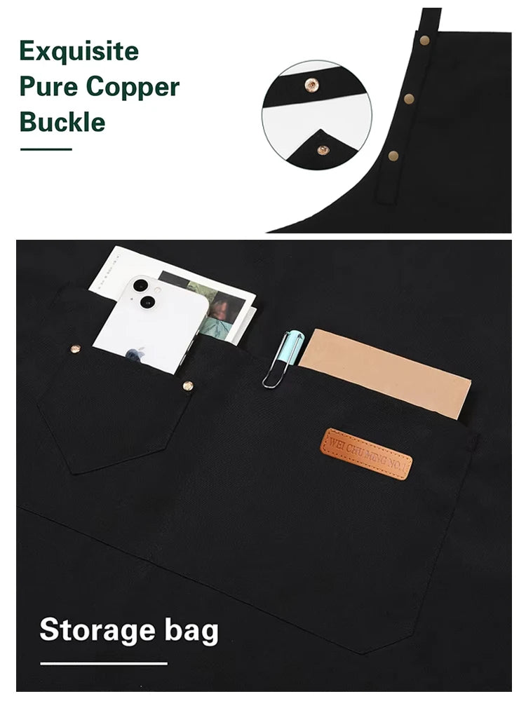 Black chef apron with copper buckle detail, snap buttons, and front storage pocket
