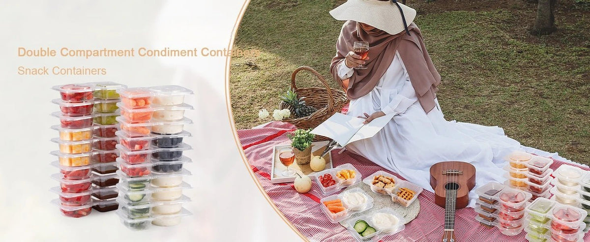 Stacked double-compartment snack containers with secure lids for portioning on the go