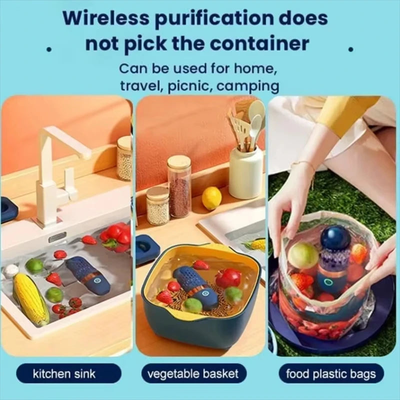 Blue portable wireless food purifier used in kitchen sink, basket, and food bag settings