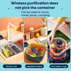 Blue portable wireless food purifier used in kitchen sink, basket, and food bag settings