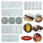 Assorted silicone cake molds with skull faces, fishbone lines, and circular textures