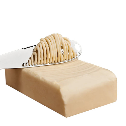 Stainless steel butter curler with ridged curler head for spreading cold butter