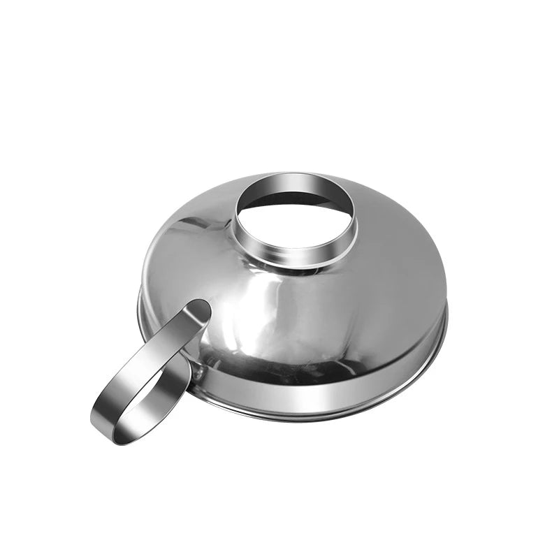 Stainless steel canning funnel with central round opening and side handle