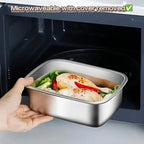 Microwave-ready stainless steel food storage container with lid removed