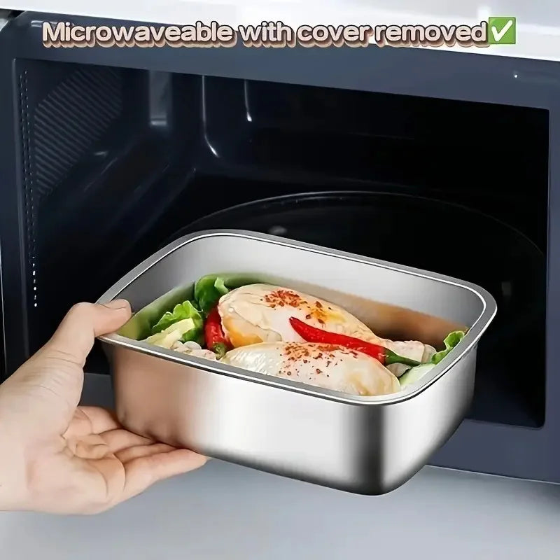 Microwave-ready stainless steel food storage container with lid removed