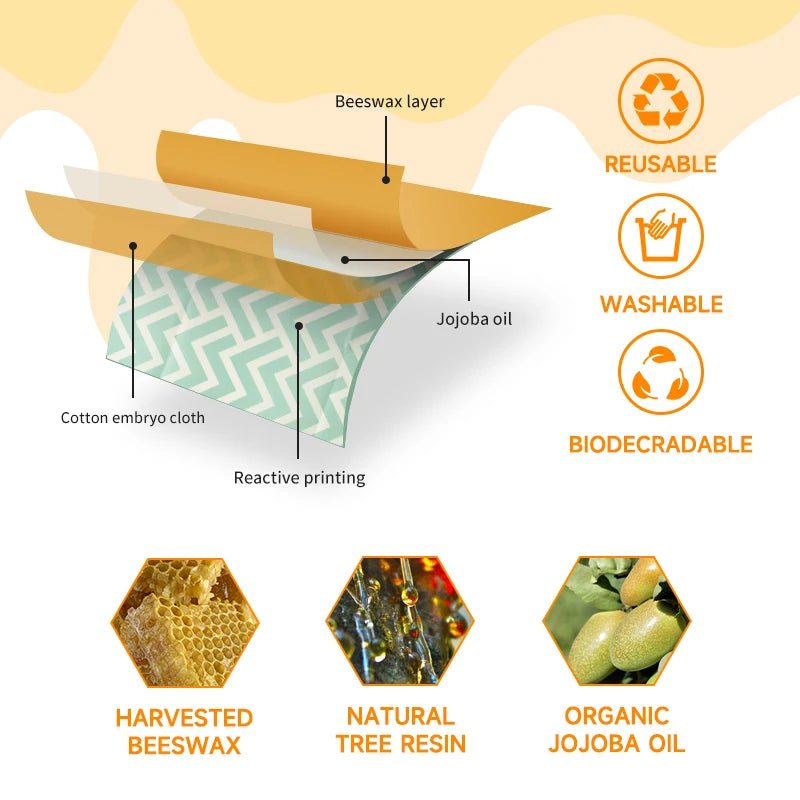 Reusable beeswax food wrap materials chart with beeswax layer, cotton cloth, jojoba oil