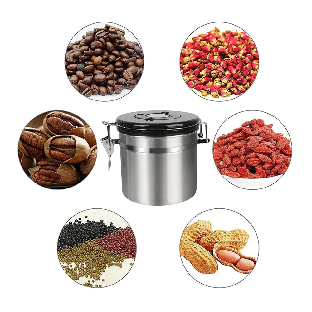 Stainless steel coffee storage canister with black lid and ingredient icons