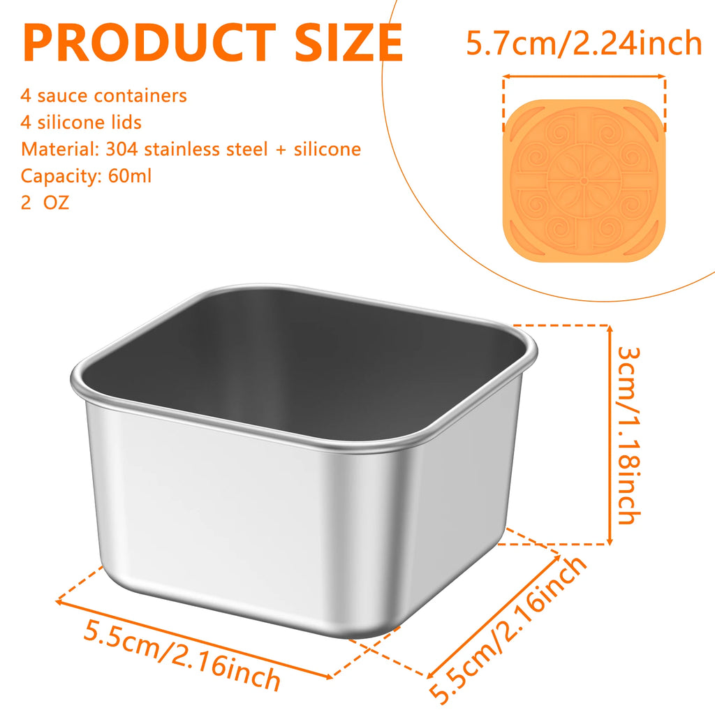 Square stainless steel snack or sauce container with dark interior
