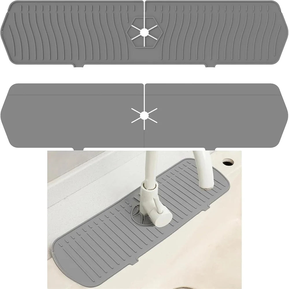 Gray silicone sink splash guard and drain mat with star drain insert and ridged lines