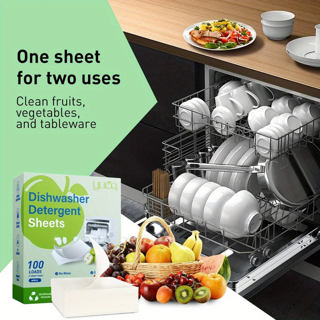 Dishwasher detergent sheets pack with white sheets and loaded dishwasher interior