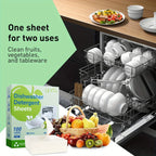 Dishwasher detergent sheets pack with white sheets and loaded dishwasher interior