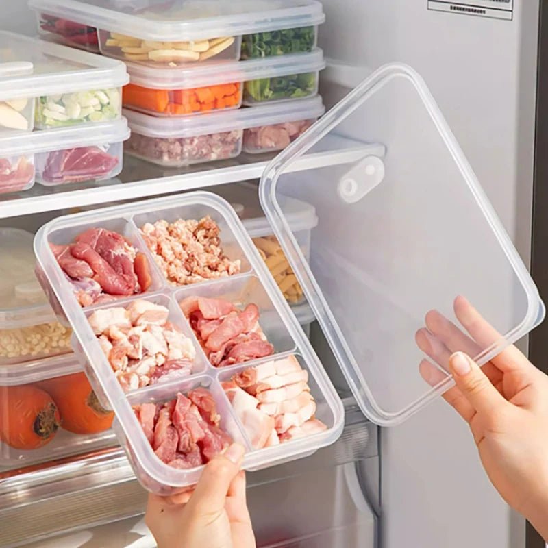 Clear multi-compartment refrigerator food storage box with lid and divided sections