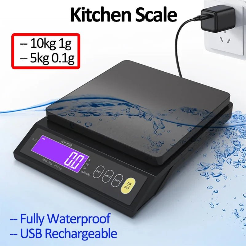 Waterproof digital kitchen scale with stainless platform, dark base, purple LCD display