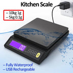Waterproof digital kitchen scale with stainless platform, dark base, purple LCD display