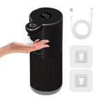 Black touchless automatic soap sanitizer dispenser dispensing foam; hand at nozzle