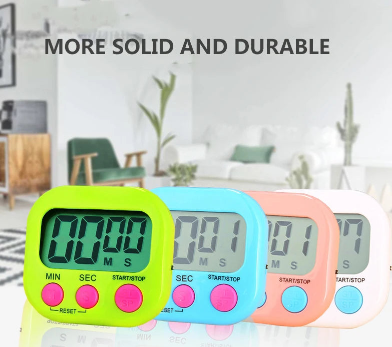 Multi-color digital kitchen timers with large LCD displays and MIN/SEC start/stop buttons