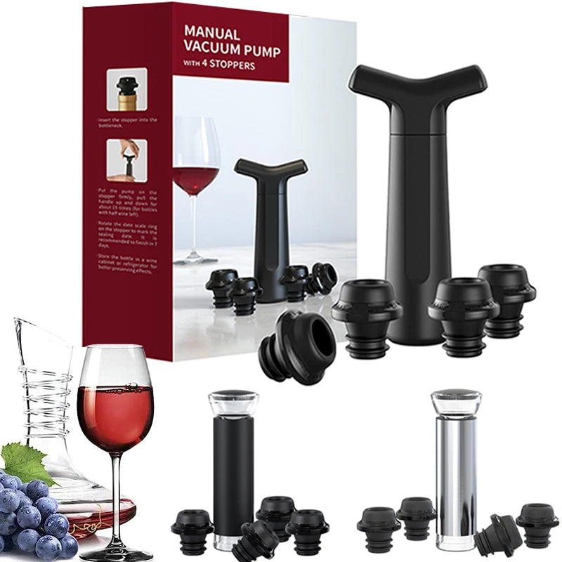Manual wine vacuum pump set with black pump and 4 reusable silicone stoppers