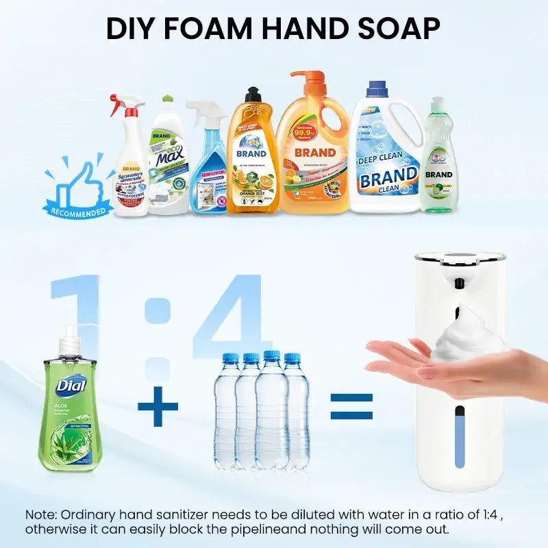 White DIY foam hand soap dispenser with refill setup and dispensing from sensor