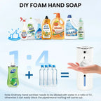 White DIY foam hand soap dispenser with refill setup and dispensing from sensor