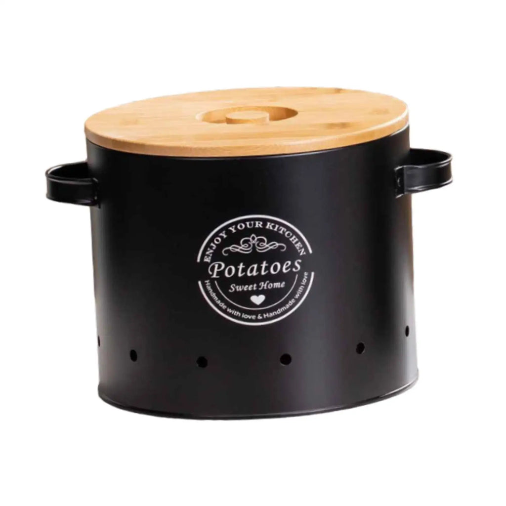 Black vented potato storage canister with bamboo lid, round vent holes, handles