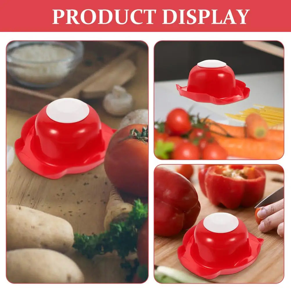 Red food safety slicer holder with finger guard shield, top and side views