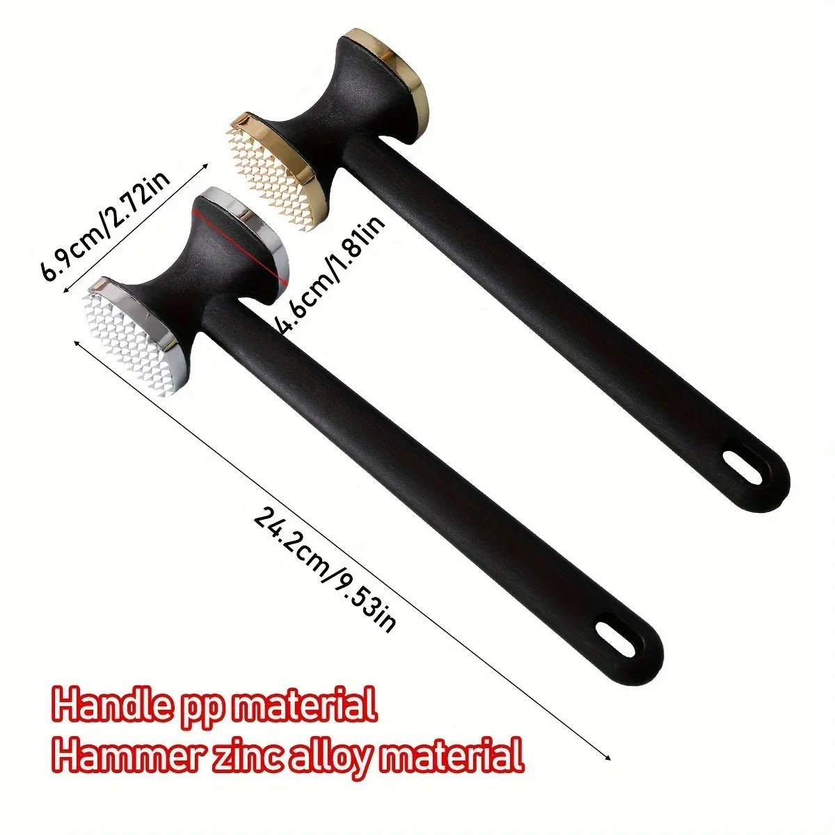 Set of two meat tenderizer mallets with black handles and silver ribbed heads