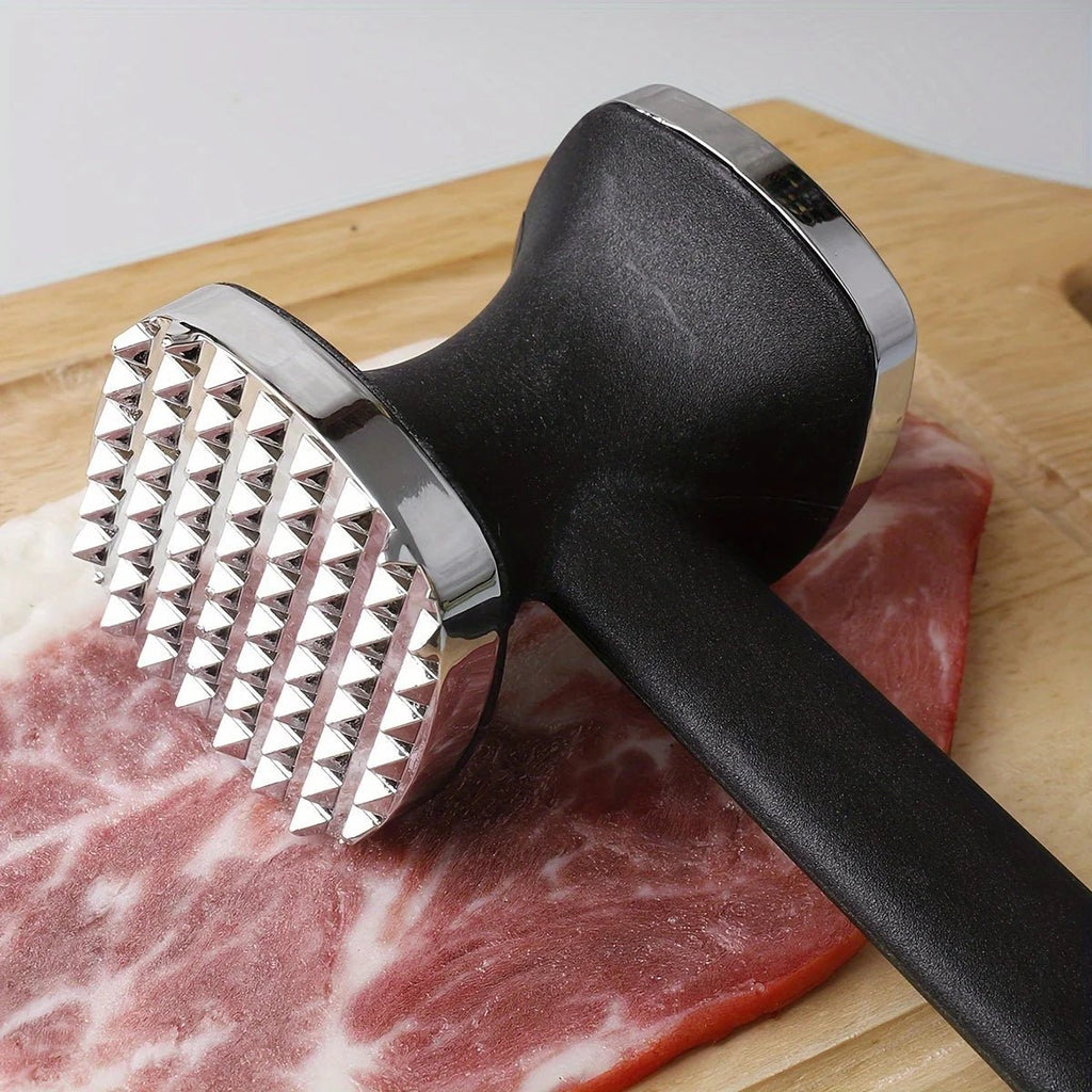 Meat tenderizer mallet head with ribbed metal surface and black handle