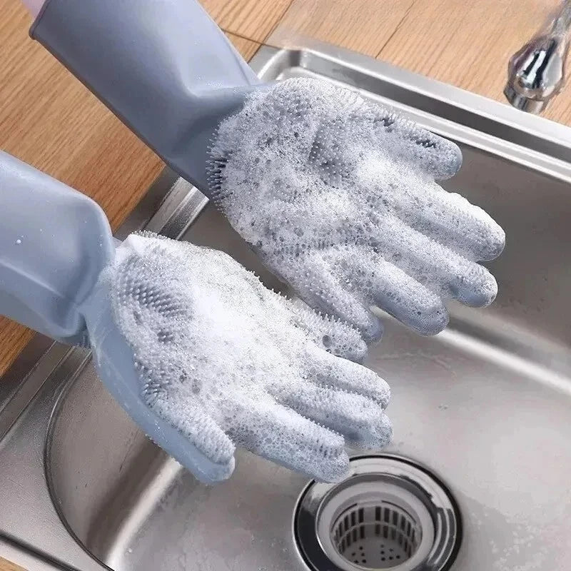 Gray silicone dishwashing scrubber gloves with textured cleaning fingers