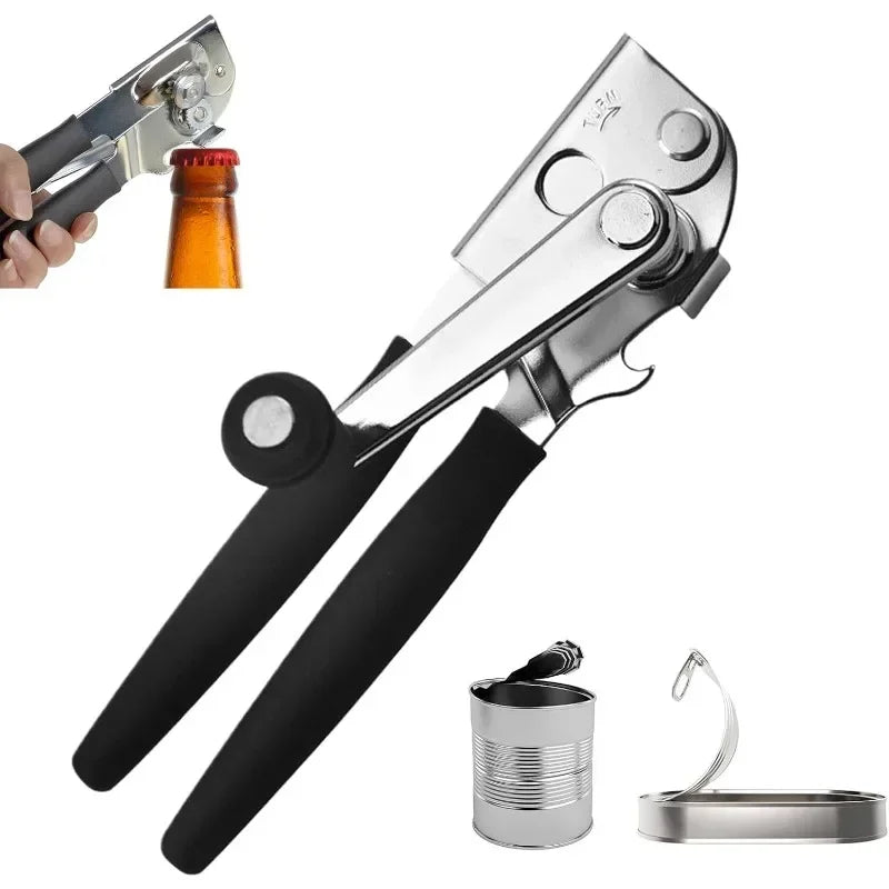Manual can opener with black grips and chrome cutting wheel, shown with can pieces