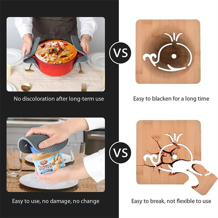 Black silicone trivet mats with honeycomb texture for heat protection