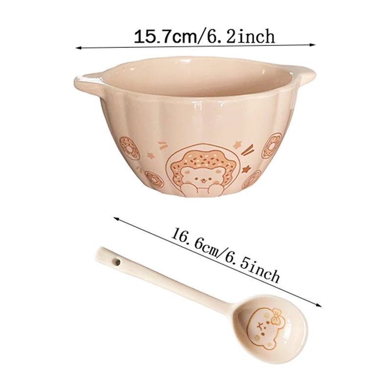 Pumpkin-shaped ceramic serving bowl and spoon set, pink with cute bear line art