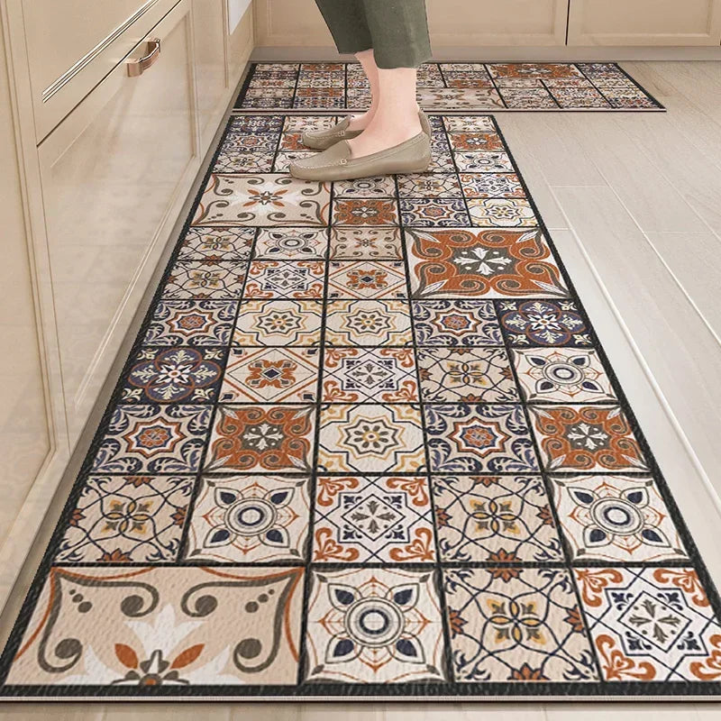 PVC kitchen floor mat with multicolor patchwork tile pattern, long rectangular runner.