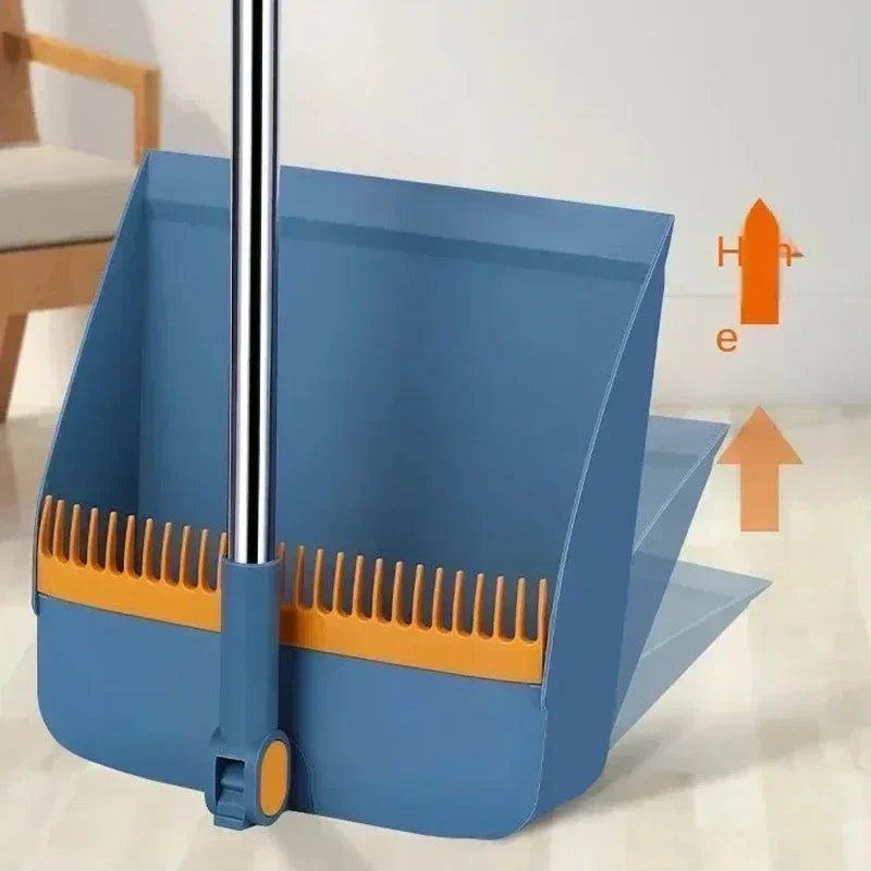 Household broom and dustpan set with blue dustpan and orange edge, upright handle
