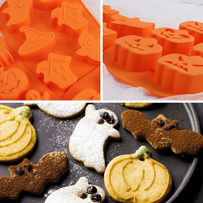 Orange silicone Halloween mold with detailed pumpkin, skull, bat, and ghost impressions