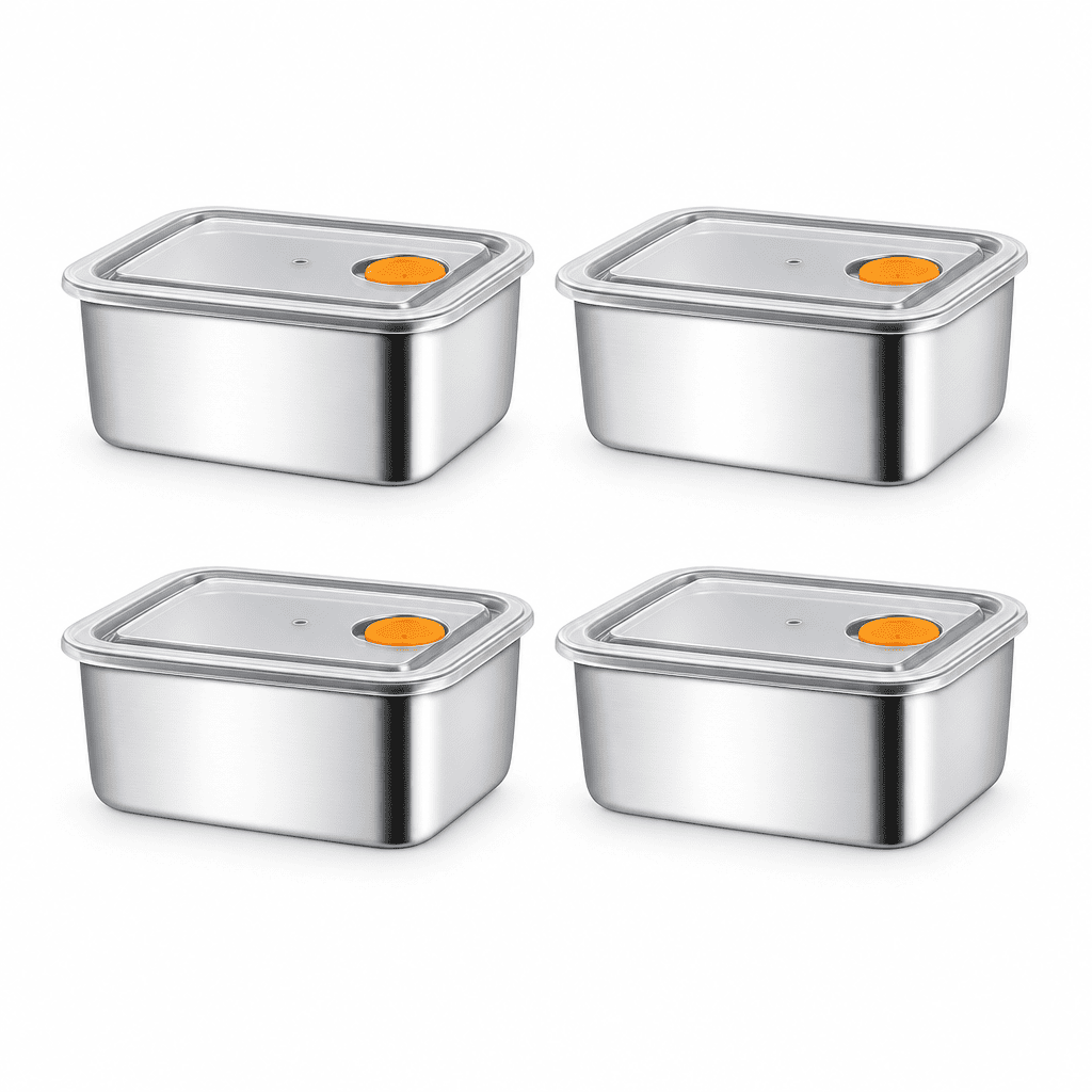 Four square stainless steel food containers with vented, leakproof lids set