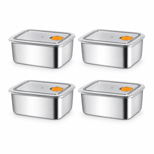 Four square stainless steel food containers with vented, leakproof lids set