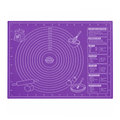 Purple silicone baking mat with measurement lines and recipe chart panel